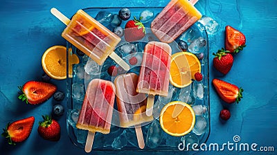 Homemade popsicles with fresh strawberries and ice cubes on blue background. Stock Photo