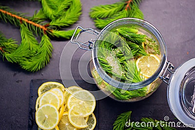 Homemade preparing of spruce shoots syrup Stock Photo