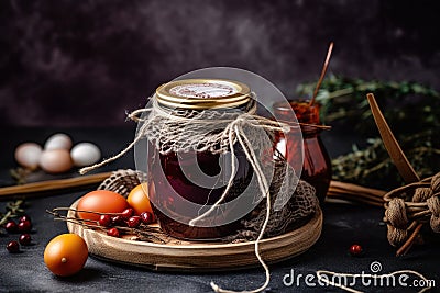 homemade preserves in a rustic jar with twine and tag Stock Photo