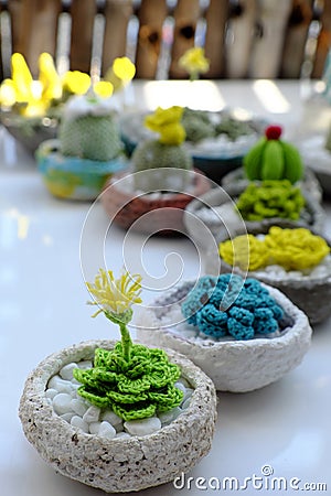 Homemade product for home decoration, group of succulent, cactus crochet in cement pot on white background Stock Photo