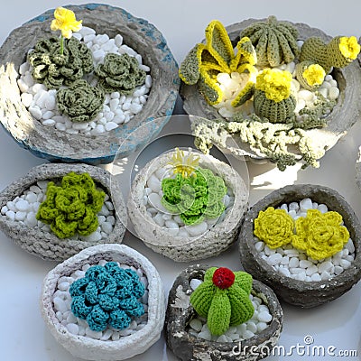 Homemade product for home decoration, group of succulent, cactus crochet in cement pot on white background Stock Photo