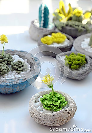 Homemade product for home decoration, group of succulent, cactus crochet in cement pot on white background Stock Photo