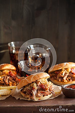 Homemade pulled pork burger with caramelized onion and bbq sauce Stock Photo