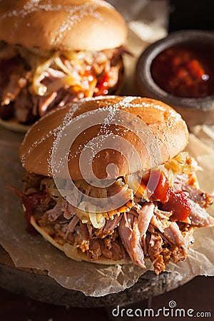 Homemade pulled pork burger with caramelized onion and bbq sauce Stock Photo