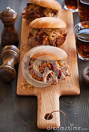 Homemade pulled pork burger with caramelized onion and bbq sauce Stock Photo