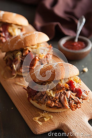 Homemade pulled pork burger with caramelized onion and bbq sauce Stock Photo