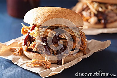 Homemade pulled pork burger with coleslaw and bbq sauce Stock Photo