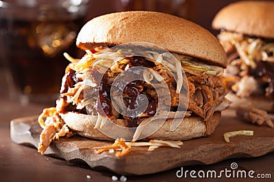 Homemade pulled pork burger with coleslaw and bbq sauce Stock Photo