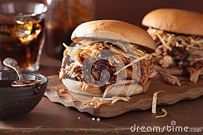 Homemade pulled pork burger with coleslaw and bbq sauce Stock Photo