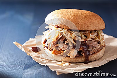 Homemade pulled pork burger with coleslaw and bbq sauce Stock Photo