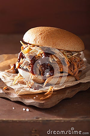 Homemade pulled pork burger with coleslaw and bbq sauce Stock Photo