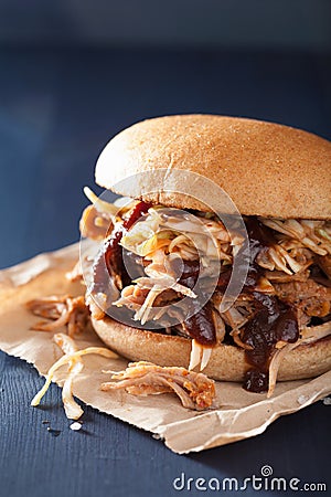 Homemade pulled pork burger with coleslaw and bbq sauce Stock Photo