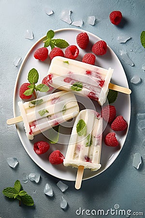 Homemade raspberry yogurt popsicles on a plate with ice and fresh berries, generative AI Stock Photo