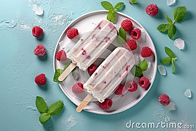 Homemade raspberry yogurt popsicles on a plate with ice and fresh berries, generative AI Stock Photo