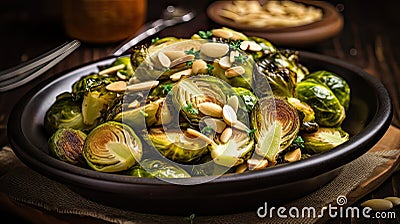 Homemade roasted brussel sprouts with pine nuts and butter sauce Stock Photo