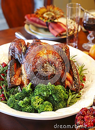 Homemade Roasted Thanksgiving Day Turkey on the holiday table Stock Photo