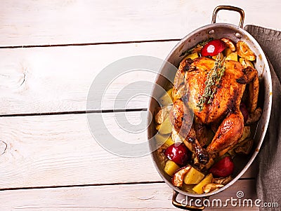 Homemade Roasted Thanksgiving Day Turkey on white wooden background. Stock Photo