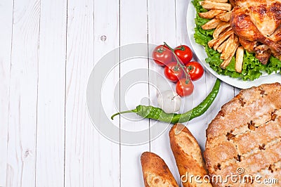 Homemade roasted whole turkey on wooden table for Thanksgiving. Stock Photo