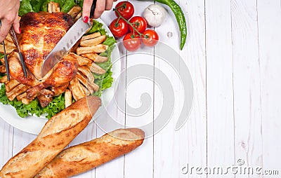 Homemade roasted whole turkey on wooden table. Thanksgiving Celebration Traditional Dinner Setting Food Concept Stock Photo