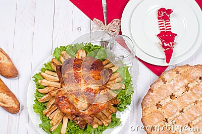 Homemade roasted whole turkey on wooden table for Thanksgiving. Stock Photo