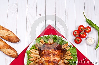 Homemade roasted whole turkey on wooden table for Thanksgiving. Stock Photo