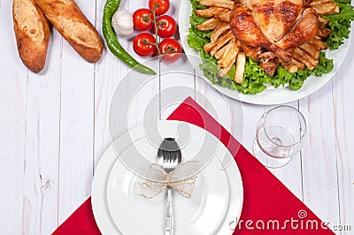 Homemade roasted whole turkey on wooden table for Thanksgiving. Stock Photo