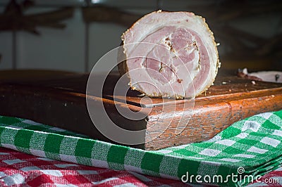 Homemade Roller Porchetta Roast with Several Herbs,traditional smoked porchetta,food concept,copy space and selective focus Stock Photo