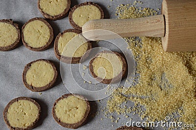 Homemade, round butter cookies with chocolate rant Stock Photo