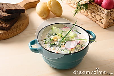 Homemade Russian cold okroshka soup with kefir Stock Photo