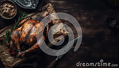 Homemade rustic meal Spit roasted turkey meat with grilled vegetables generated by AI Stock Photo