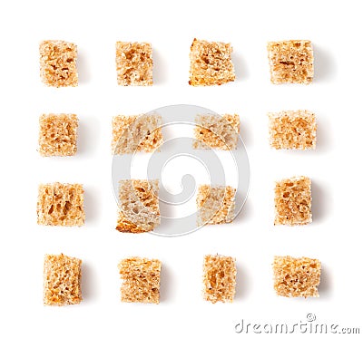 Homemade Rye Bread Croutons, Crispy Bread Cubes, Dry Rye Crumbs Stock Photo