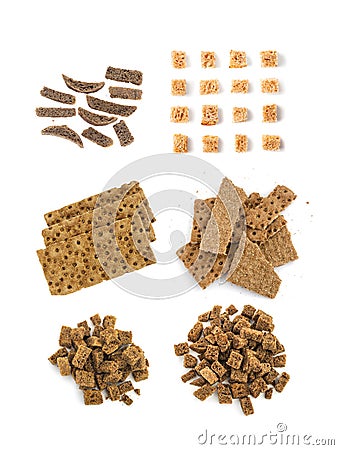 Homemade Rye Bread Croutons, Crispy Bread Cubes, Dry Rye Crumbs Stock Photo