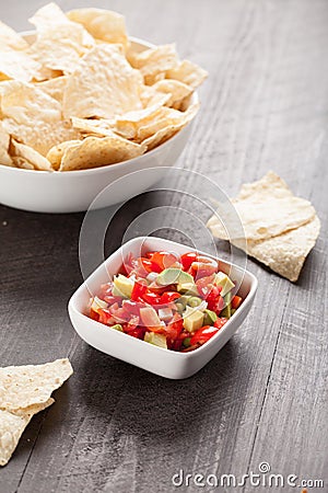 Homemade Salsa and Chips vertical shot Stock Photo