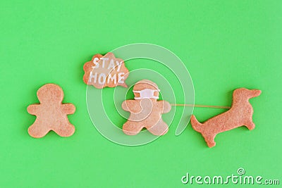 Homemade shortbread cookies with white glaze on green background, top view. Meeting two people in a walk with dog. Stock Photo