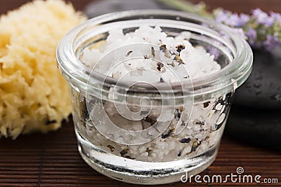 Homemade skin exfoliant (skin scrub) of sea salt, olive oil and Stock Photo