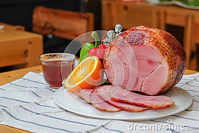 Homemade of Sliced Honey Gammon Ham with Orange, Cherry, Sweet Pepper and Honey Sauce Stock Photo