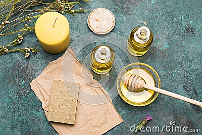 Homemade soap, essential oil, candle and honey for beauty care Stock Photo