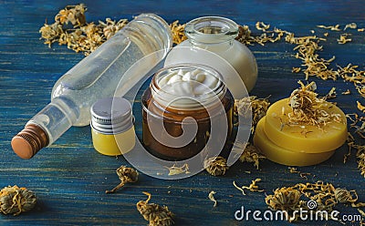 Homemade spa with natural ingredients of calendula and beeswax Stock Photo