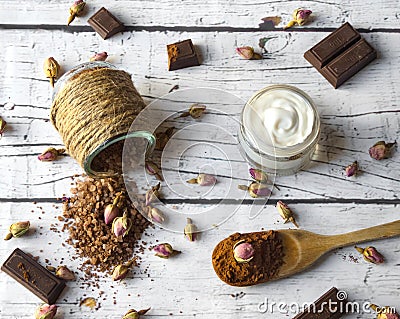 Homemade spa with natural ingredients. Facial cream, and bath salts Stock Photo