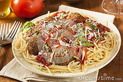 Homemade Spaghetti and Meatballs Pasta Stock Photo