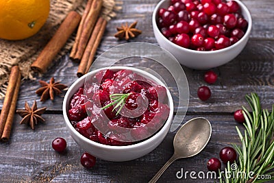 Homemade spicy cranberry sauce with fresh cranberries, cinnamon and star anise Stock Photo