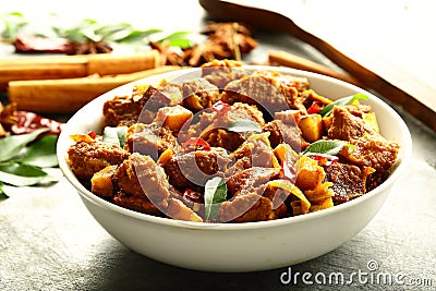 Homemade spicy,delicious mutton fry with exotic spices. Stock Photo