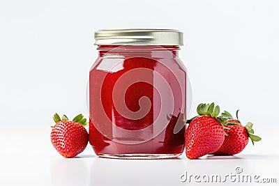 A homemade strawberry jam in a glass jar, set against a white background Stock Photo