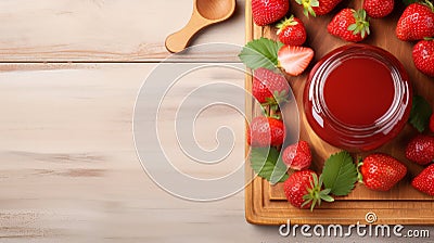 Homemade Strawberry jam top view. Fresh Strawberry jam in a glass jar with Strawberries. AI generated Stock Photo