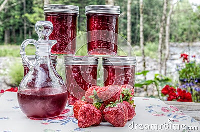 Homemade strawberry jelly and syrup Stock Photo