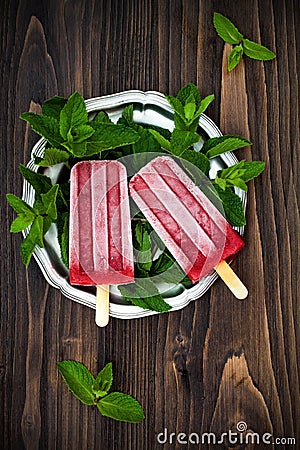 Homemade strawberry mint - ice pops - popsicles - paletas. Stock Photo