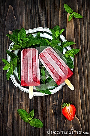 Homemade strawberry mint - ice pops - popsicles - paletas. Stock Photo