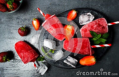 Strawberry popsicle ice cream tabletop view Stock Photo