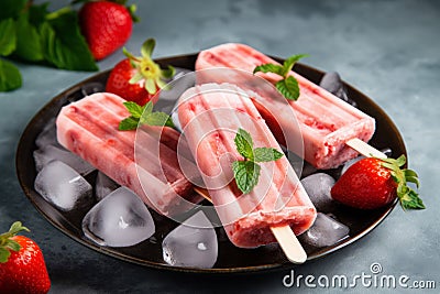 Homemade strawberry popsicles on a plate with ice and fresh berries, generative AI Stock Photo
