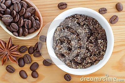 Homemade sugar, olive oil and ground coffee face and body scrub. Diy cosmetics. Stock Photo